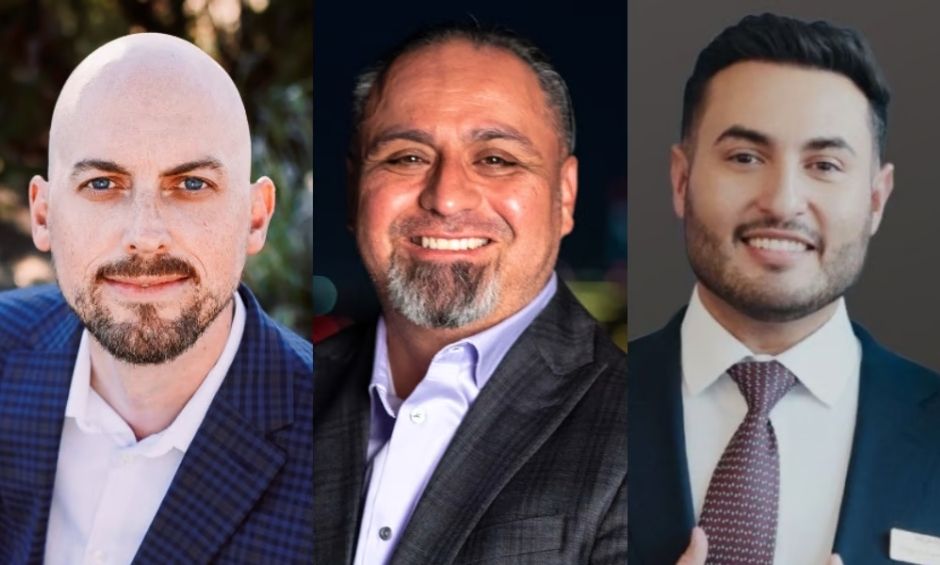 Headshots of three business professionals in business jacket on dark backgrounds