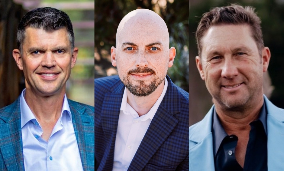 Three men in blue suit jackets and button up shirts on various dark backgrounds