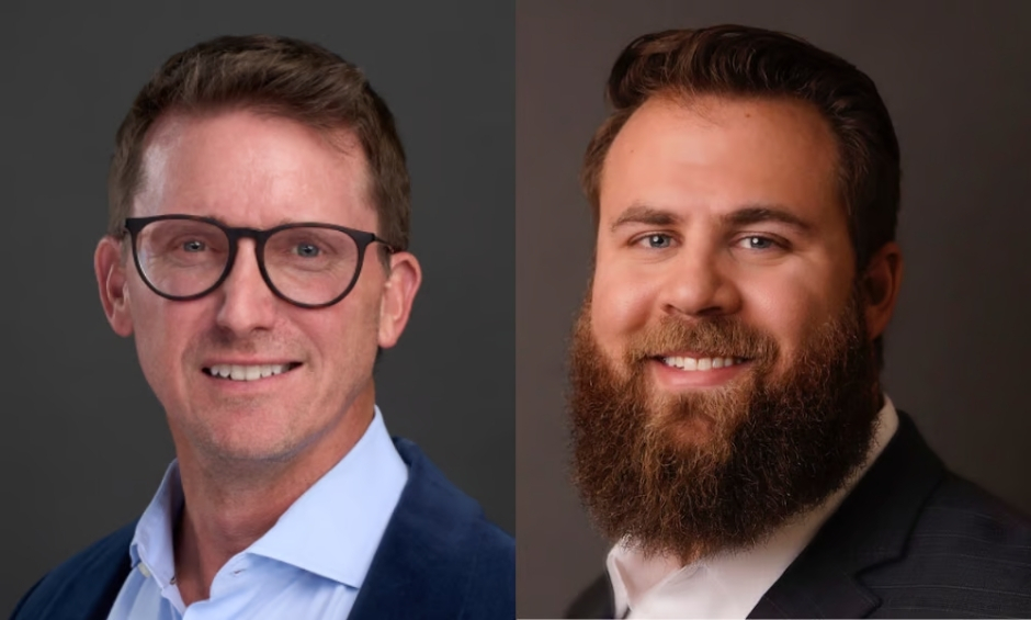Professional headshots of two business executives on dark backgrounds, one wearing glasses, one with a beard
