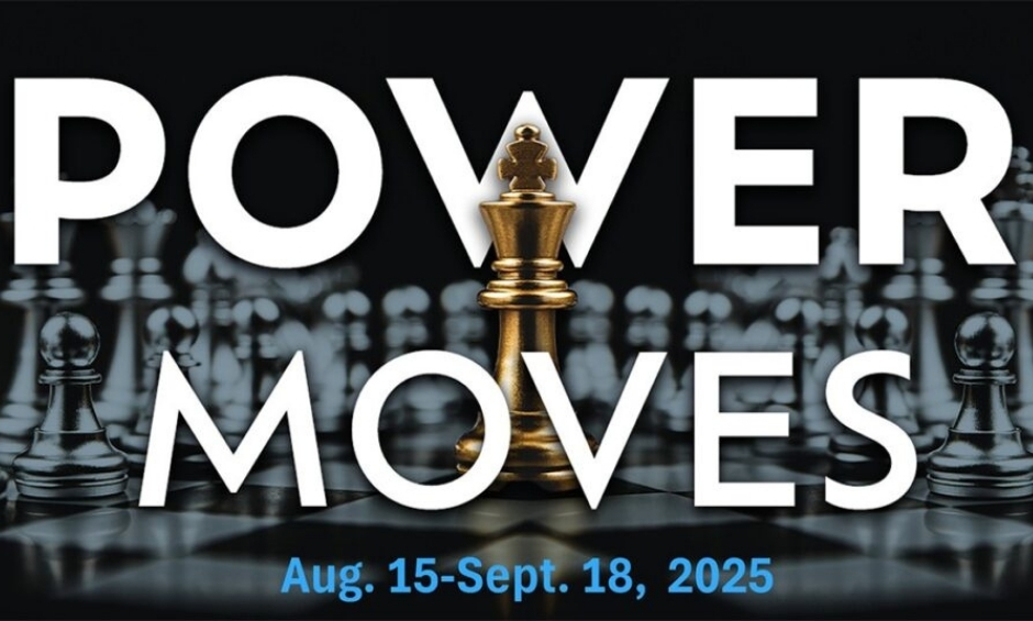 Power Moves in white on black background with gold chess piece