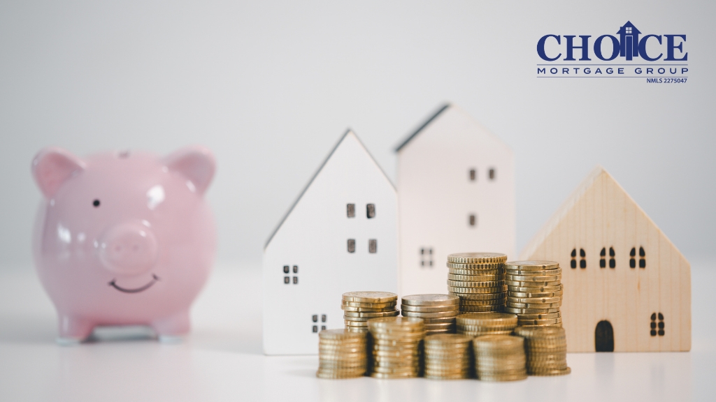 Image of pink piggy bank, white houses and stacked coins