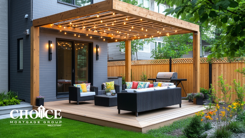 Outdoor patio in backyard, covered with wooden slat covering with lights. dark patio furniture with colorful pillows