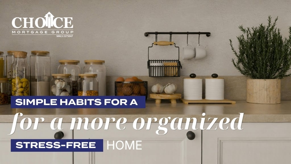Home Organization Tips showing a new homeowner organizing boxes, shelves, and storage baskets in a new home